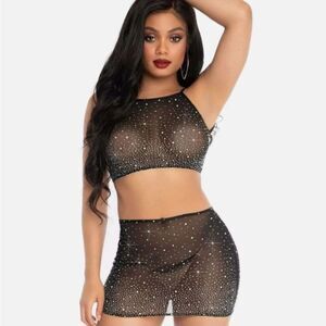 2 Pc Rhinestone Crop Top and Mini Skirt - Medium